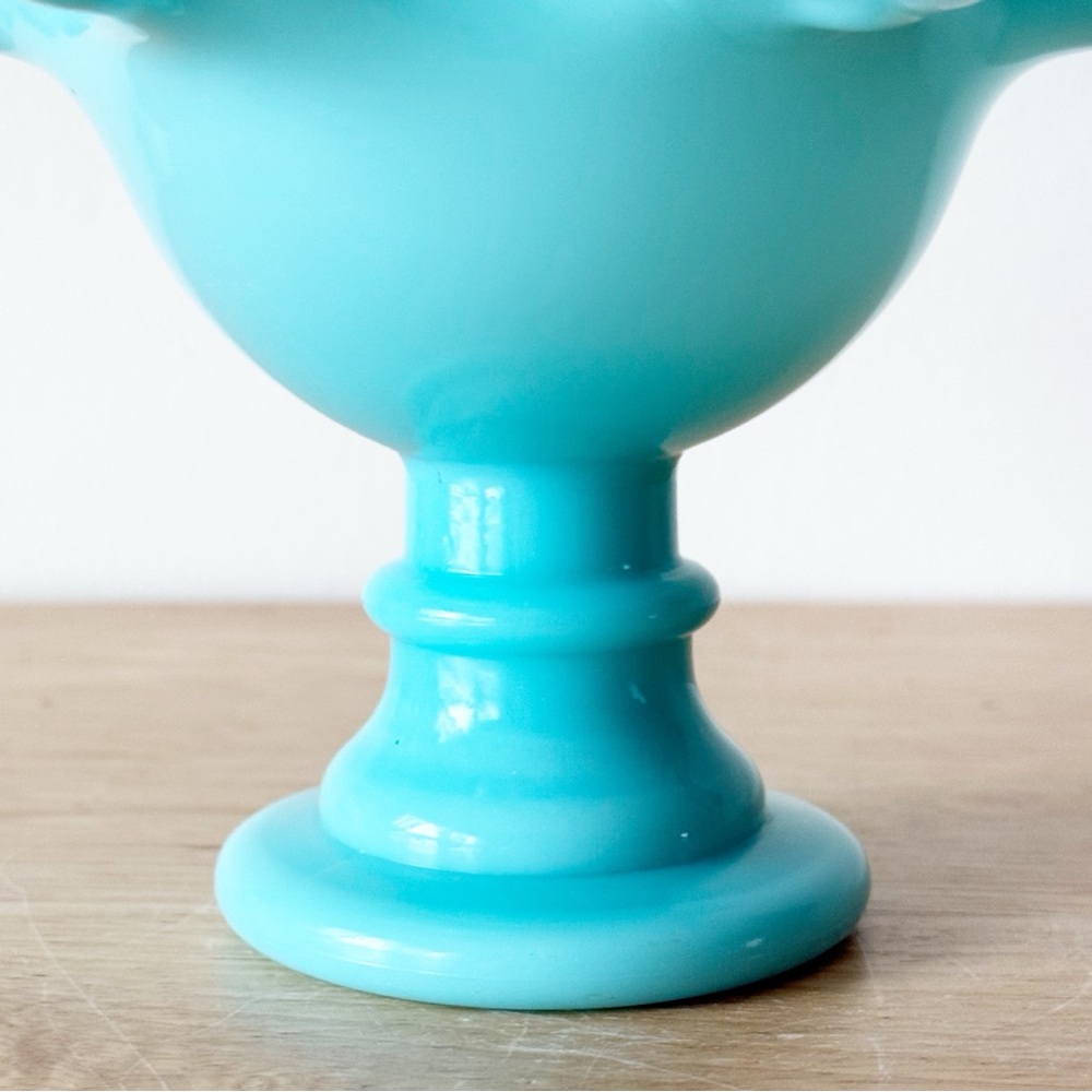 Vintage Fenton Silver Turquoise Crest Crimped Compote MCM Pedestal Bowl - Picture 8 of 16